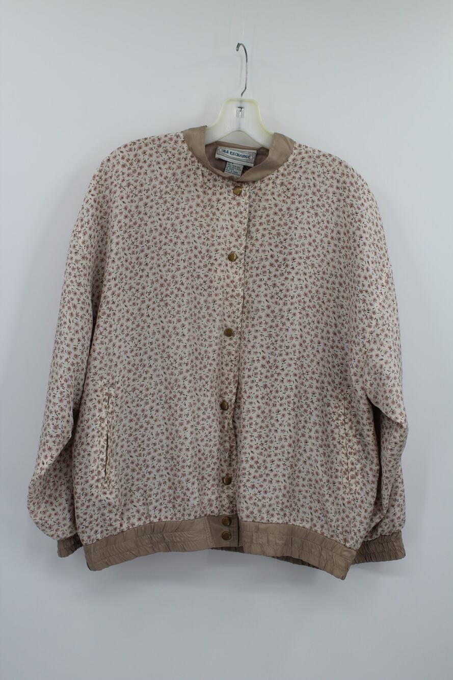 VTG Silk Exchange Medium Tan Pink 100% Silk Bomber Jacket Ditsy Floral Snap